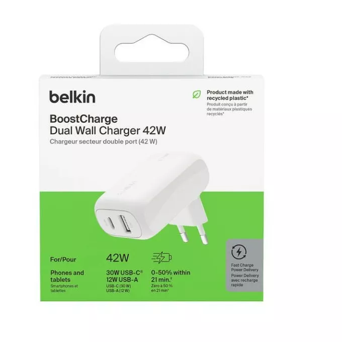 Belkin Ładowarka sieciowa BoostCharge 42W USB-C 3 0W USB-A 12W biała