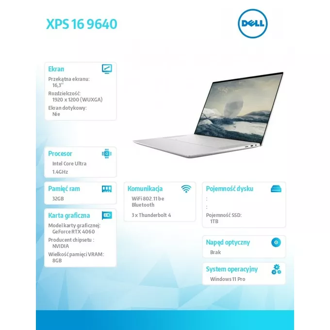 Dell Notebook XPS 16 9640/Ultra 7 155H/32GB/1TB SSD/16.3 FHD+/GeForce RTX 4060/WLAN + BT/Backlit Kb/6 Cell/W11Pro