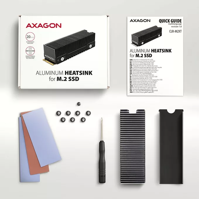 AXAGON CLR-M2XT Chłodnica aluminiowa pasywna do dysku M.2 SSD, ALU korpus, silikonowe podkładki termiczne, wysokość 24mm