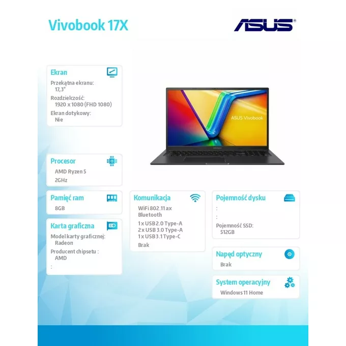 Asus Notebook Vivobook 17X M3704YA-AU026W R5-7530U/8GB/512GB/Zintegrowana/17.3
