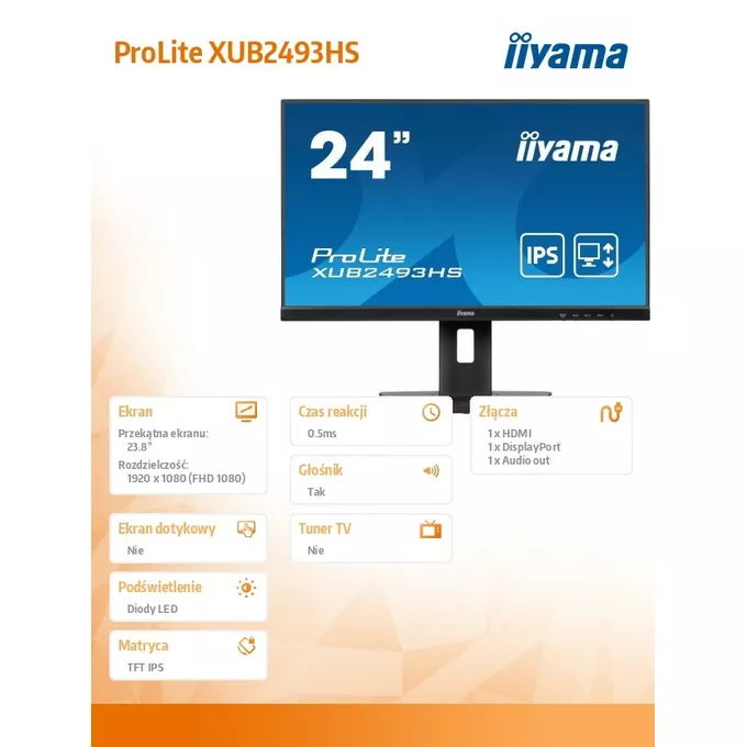 IIYAMA Monitor 23.8 cala ProLite XUB2493HS-B6 IPS.HDMI.DP.2x2W.HAS