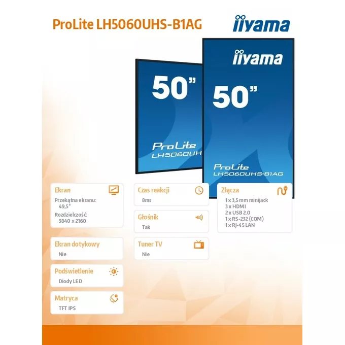 IIYAMA Monitor wielkoformatowy 49.5 cala LH5060UHS-B1AG matowy 24h/7 500(cd/m2) VA 3840 x 2160 UHD(4K) Android.11 Wifi CMS(iiSignage2)