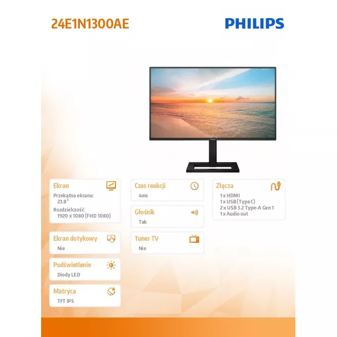 Philips Monitor 24E1N1300AE 23.8 cala IPS 100Hz HDMI USB-C HAS Głośniki