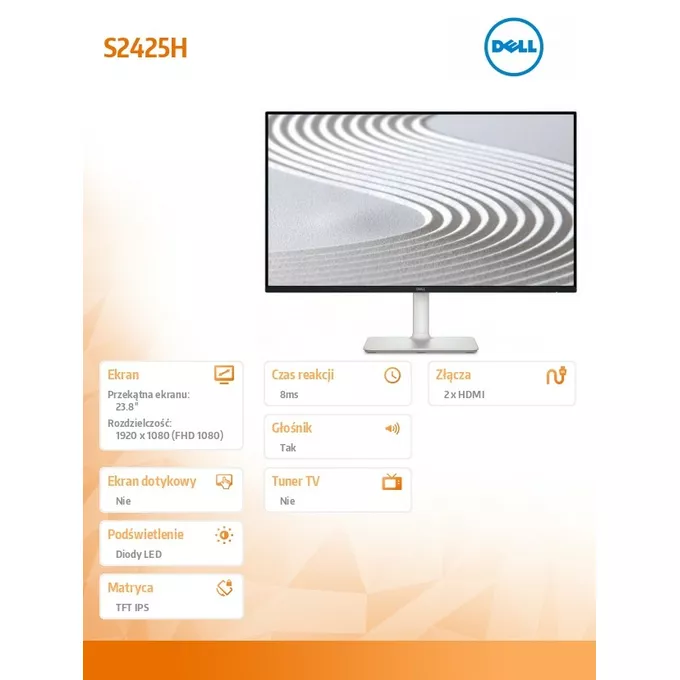 Dell Monitor 23.8 cala S2425H IPS LED 100Hz Full HD (1920x1080)/16:9/2xHDMI/Speakers/3Y