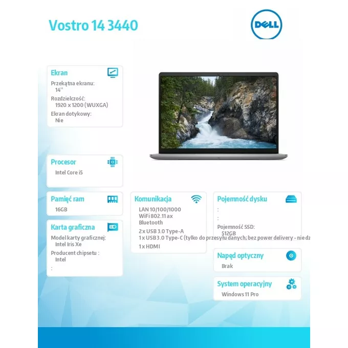 Dell Notebook Vostro 14 (3440) Win11Pro i5-1334U/16GB/512GB SSD/14.0 FHD+/Intel Iris Xe/FgrPr/Cam &amp; Mic/WLAN + BT/Backlit Kb/3 Cell/3YPS