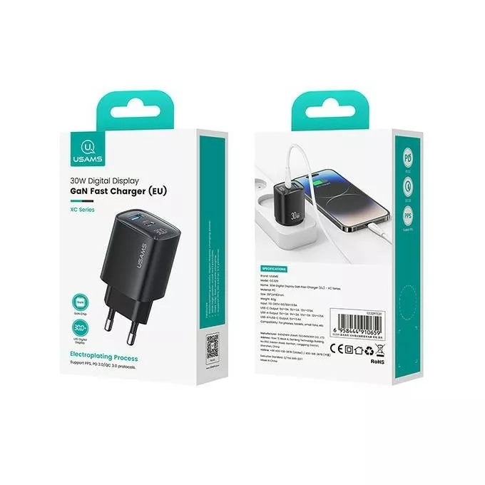 USAMS Ładowarka sieciowa 30W GaN LED USB+USB-C CC229 Fast Charging czarna
