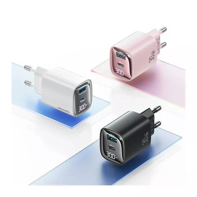 USAMS Ładowarka sieciowa 30W GaN LED USB+USB-C CC229 Fast Charging czarna