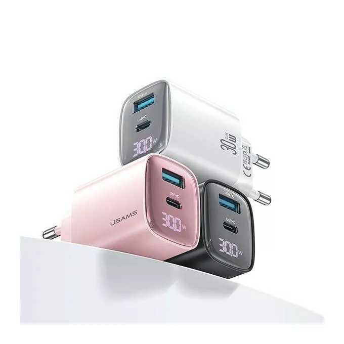 USAMS Ładowarka sieciowa 30W GaN LED USB+USB-C CC229 Fast Charging czarna