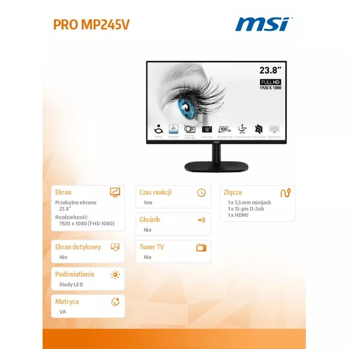 MSI Monitor PRO MP245V 23.8 cala LCD/FLAT/FHD/100Hz/Black