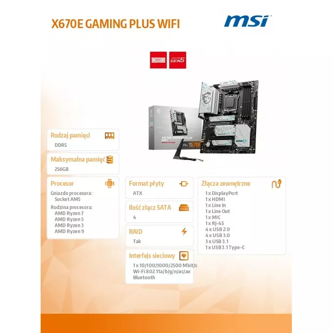 MSI Płyta główna X670E GAMING PLUS WIFI AM5 4DDR5 HDMI ATX
