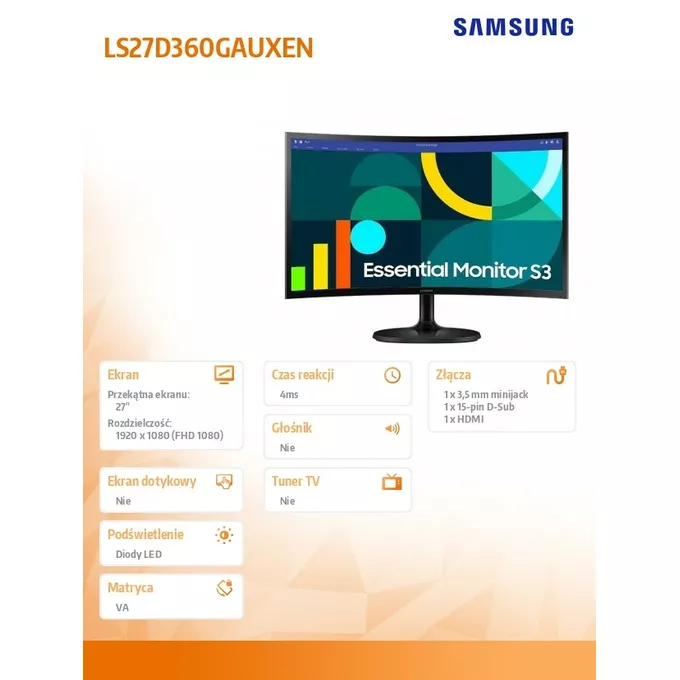 Samsung Monitor 27 cali S36GD VA 1920x1080 FHD 16:9 1xD-sub 1xHDMI 4 ms 100Hz zakrzywiony  1800R 2Yd2d (LS27D360GAUXEN)