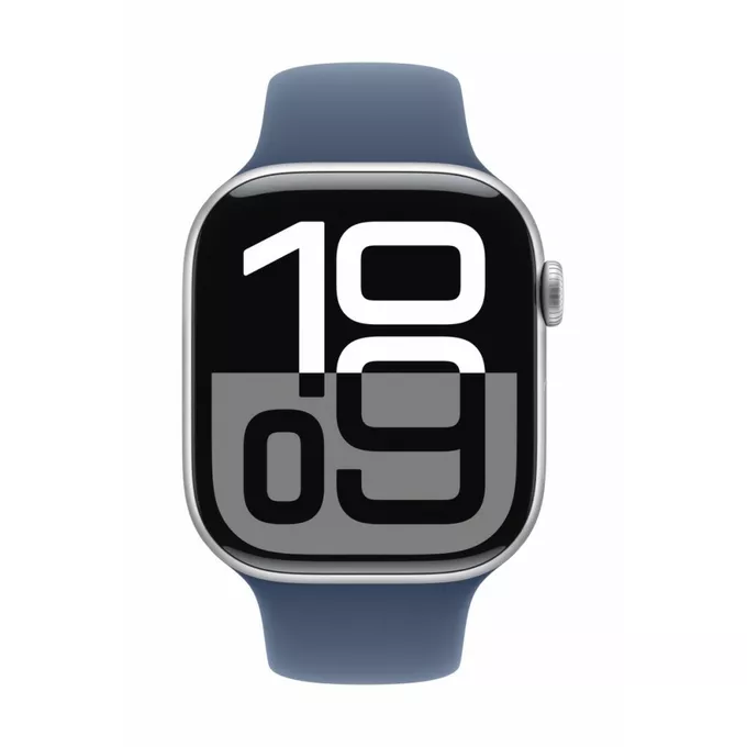 Apple Watch Series 10 GPS, koperta 46 mm z aluminium w kolorze srebrnym z paskiem sportowym w kolorze denim - rozmiar S/M