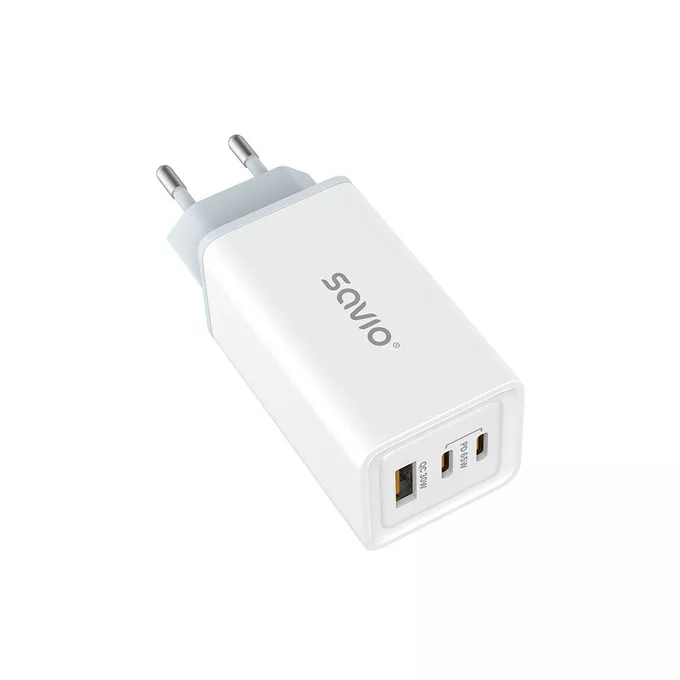 Savio Ładowarka sieciowa 65W GaN LA-07 z kablem typu C-USB typ C 100W 1m, biało-czarna