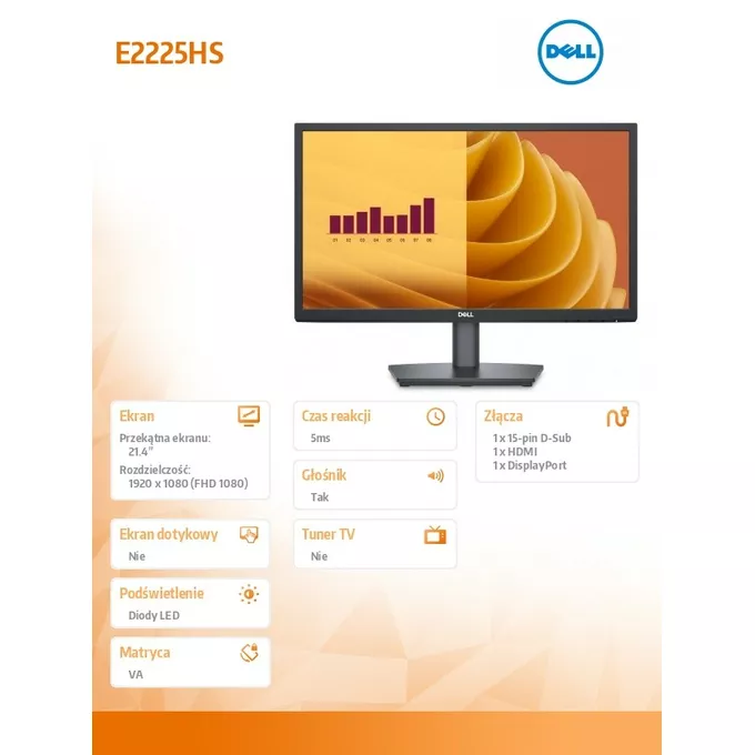 Dell Monitor E2225HS 21.4 cala LED VA FHD/(1920x1080)/16:9/DP/HDMI/VGA/Głośniki/3Y