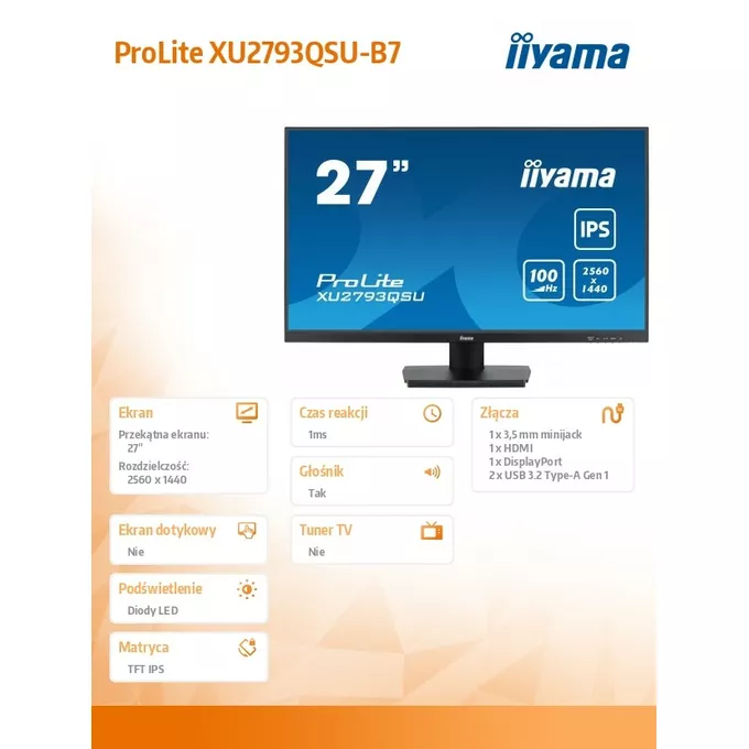 IIYAMA Monitor 27 cali XU2793QSU-B7 IPS,QHD,100Hz,HDMI,DP,300cd