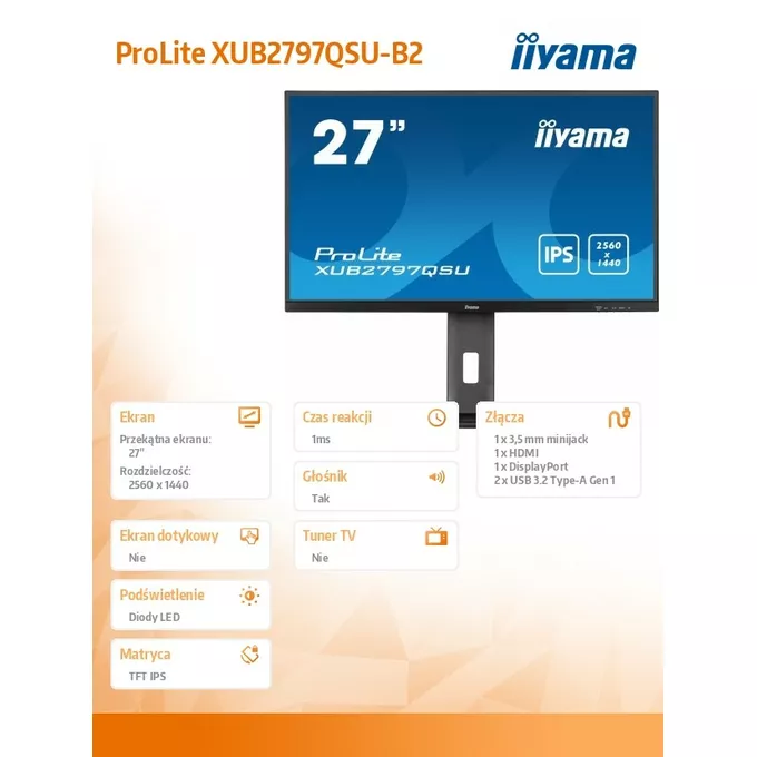 IIYAMA Monitor 27 cali XUB2797QSU-B2 IPS,HDMI,DP,100Hz,QHD,300cd