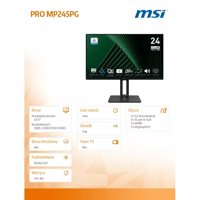 MSI Monitor 23.8 cala PRO MP245PG LED/FHD/Flat/100Hz/czarny