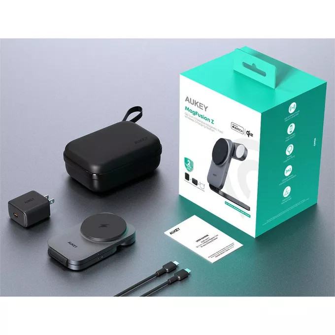AUKEY Ładowarka bezprzewodowa LC-MC312 Slim 3w1 Qi2 15W MagSafe + ładowarka PD 30W + Etui