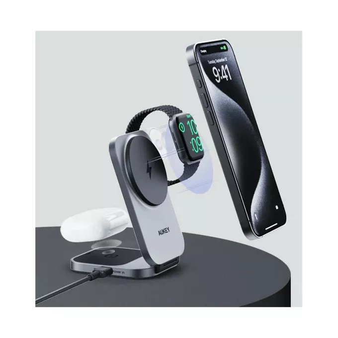 AUKEY Ładowarka bezprzewodowa LC-MC312 Slim 3w1 Qi2 15W MagSafe + ładowarka PD 30W + Etui
