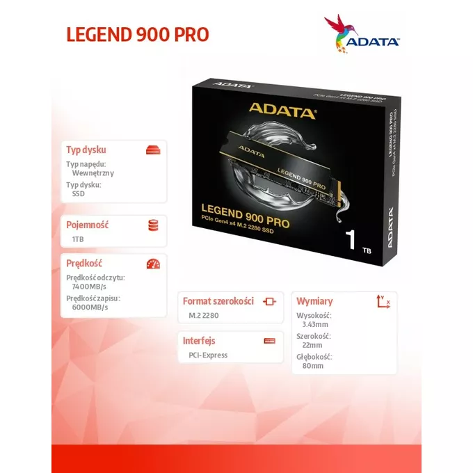 Adata Dysk SSD LEGEND 900 Pro 1TB PCIe 4x4 7.4/6 GB/s M.2