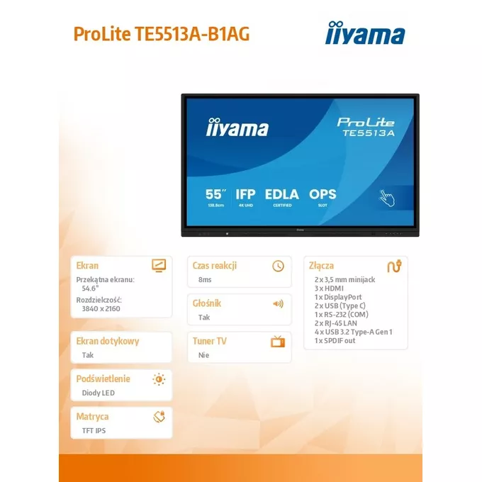 IIYAMA Monitor 55 cali TE5513A-B1AG INFRARED,40pkt,IPS,4K,7H,450cd/m2,      WiFi,USB, ANDROID 14, Google EDLA,2x20W, UCHWYT CIENNY