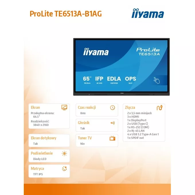 IIYAMA Monitor 65 cali TE6513A-B1AG INFRARED,40pkt,IPS,4K,7H,450cd/m2,      WiFi,USB, ANDROID 14, Google EDLA,2x20W, UCHWYT CIENNY