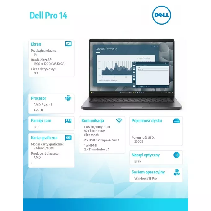 Dell Laptop Dell Pro 14 PC14255/AMD Ryzen 5 220/8GB/256GB/14.0 FHD+/AMD Radeon 740M/FgrPr/Cam&amp;Mic/WLAN+BT/Backlit Kb/3 Cell/W11Pro