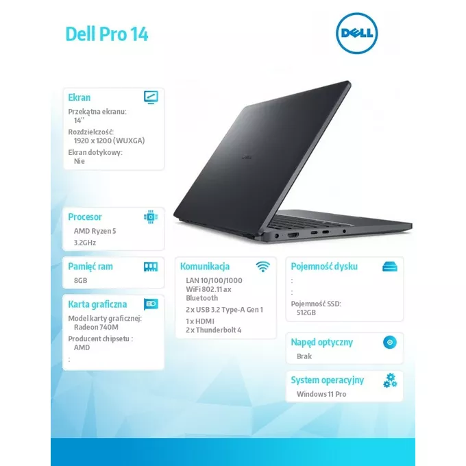 Dell Laptop Dell Pro 14 PC14255/AMD Ryzen 5 220/8GB/512GB SSD/14.0 FHD+/Radeon 740M/FgrPr/FHD/IR Cam/Mic/WLAN + BT/Backlit Kb/3 Cell/W11Pro