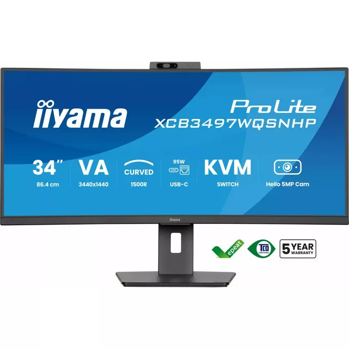 IIYAMA Monitor 34 cale XCB3497WQSNPH-B1,VA,UWQHD,1500R,USB-C Dock 95W, RJ45, KVM,2x5W, kamera 5MP, /5y/