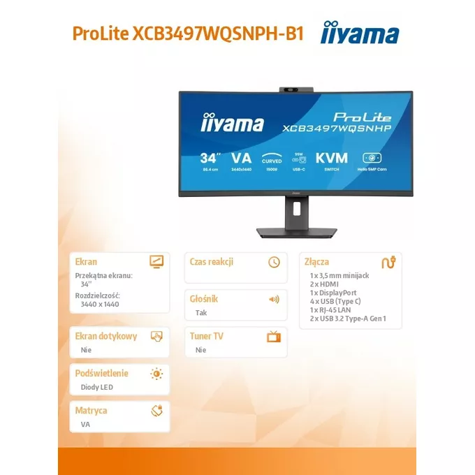IIYAMA Monitor 34 cale XCB3497WQSNPH-B1,VA,UWQHD,1500R,USB-C Dock 95W, RJ45, KVM,2x5W, kamera 5MP, /5y/