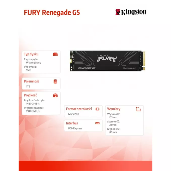 Kingston Dysk SSD Renegade G5 1TB NVMe 5.0 M.2 2280 14200/11000MB/s