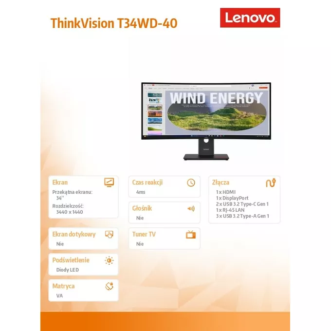 Lenovo Monitor 34 cale ThinkVision T34WD-40 64AEGAT1EU