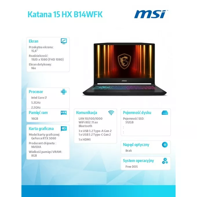 MSI Notebook Katana 15 HX B14WFK-605XPL nOS/i7-14650HX/16GB/512SSD