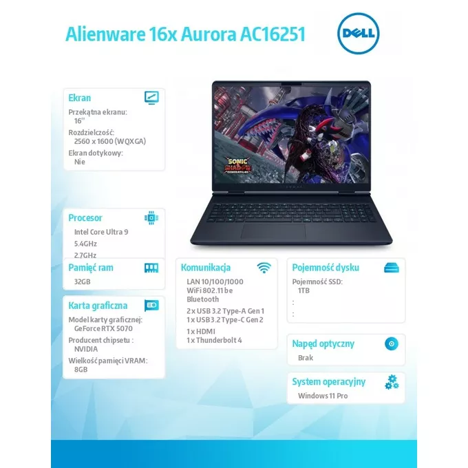 Dell Laptop Alienware 16x Aurora AC16251 Win11Pro C9 275HX/32GB/1TB/16. ...