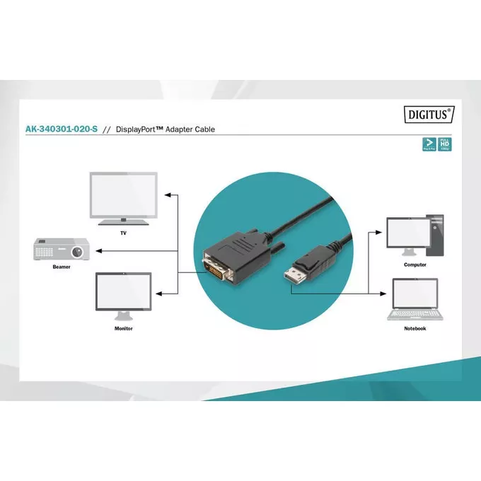 Digitus Kabel adapter Displayport z zatrzaskiem 1080p 60Hz FHD Typ DP/DVI-D (24+1) M/M czarny 2m