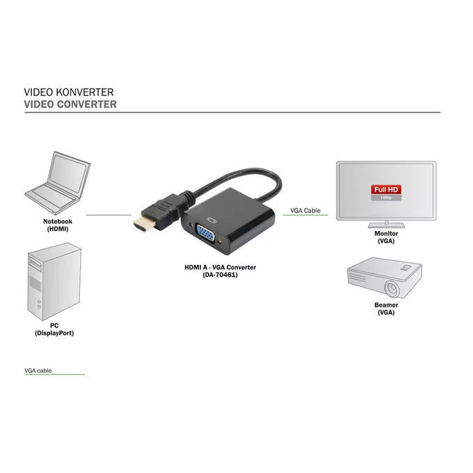 Digitus Konwerter/adapter audio-video HDMI do VGA, 1080p FHD, z audio 3.5mm MiniJack