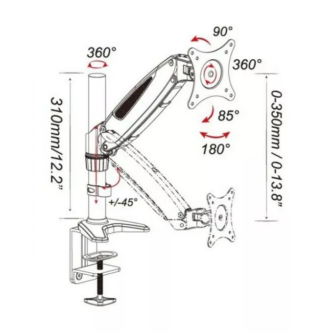 Techly Ramię biurkowe z amortyzatorem gazowym monitor 15-27cali, 8kg, srebrno-czarne