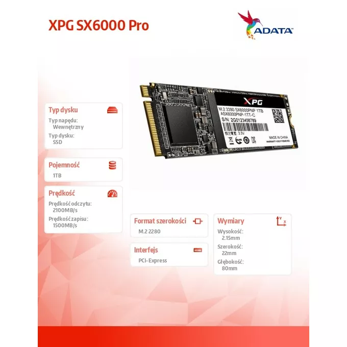 Adata Dysk SSD XPG SX6000 Pro 1TB PCIe 3x4 2.1/1.5 GB/s M2