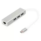 Digitus HUB/Koncentrator 3-portowy USB Typ C, 3x USB A HighSpeed z Gigabit LAN adapter, aluminium