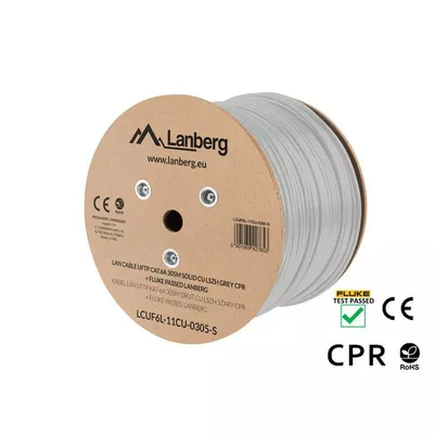 Lanberg Kabel LAN UFTP Kat-6A 305M drut CU LSZH CPR+ fluke passed, szary