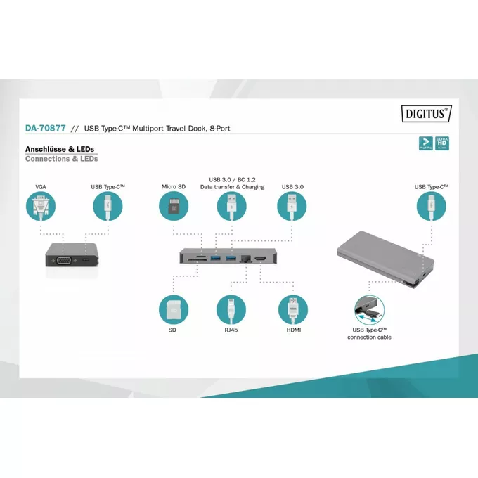 Digitus Stacja dokująca USB Typ C, 8 portów, 4K 30Hz, PD 3.0 HQ aluminiowa