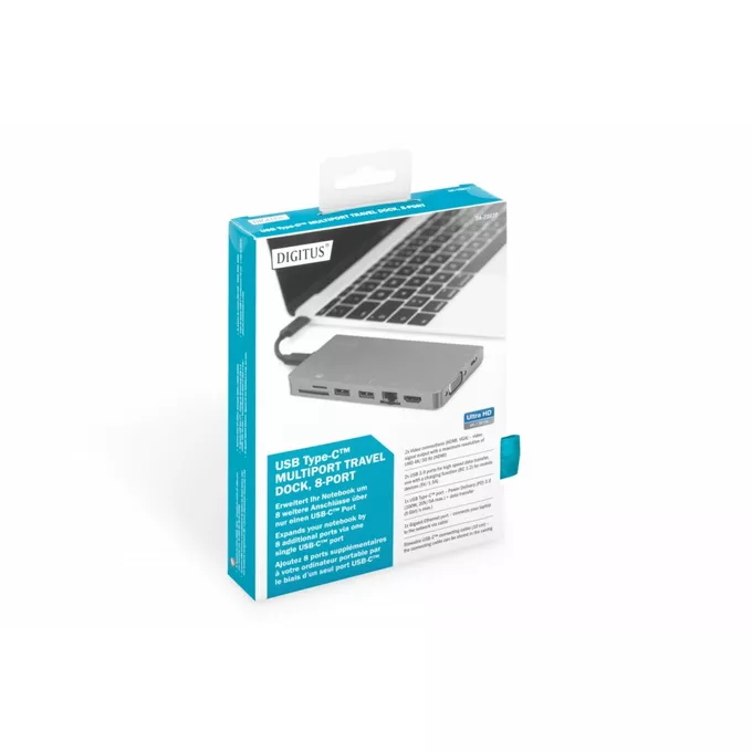 Digitus Stacja dokująca USB Typ C, 8 portów, 4K 30Hz, PD 3.0 HQ aluminiowa