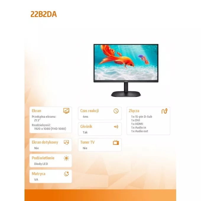 AOC Monitor 22B2DA 21.5 cala VA DVI HDMI Głośniki