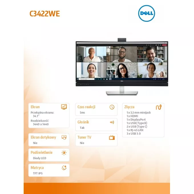 Dell Monitor C3422WE 34,1 cali LED 3440x1440/HDMI/DP/Camera