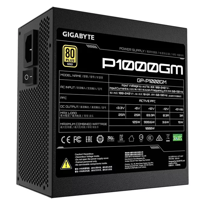 Gigabyte Zasilacz modularny P1000GM 1000W PFC 120mm fan 80 PLUS GOLD ATX