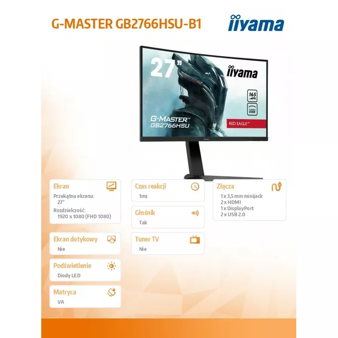 IIYAMA Monitor 27 cali GB2766HSU-B1 VA,165HZ,1500R,1MS,DP,HDMIx2,USB,FreeSyn
