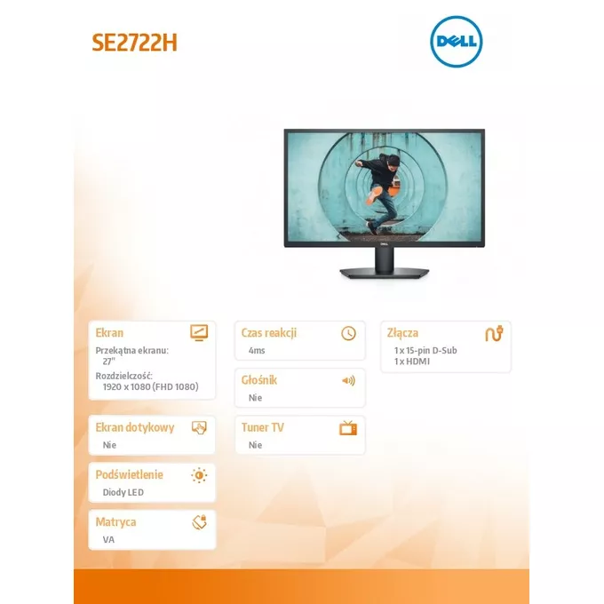 Dell Monitor SE2722H 27 cali LED VA 1920x1080/HDMI/VGA/3Y