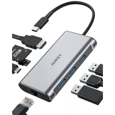 AUKEY CB-C91 aluminiowy HUB USB-C | 8w1 | RJ45 Ethernet 10/100/1000Mbps | 3xUSB 3.1 | HDMI 4k@30Hz | SD i micro SD | USB-C Power Delivery 100W