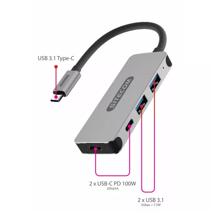 SITECOM Hub USB-C 4 por 2xUSB-A + 2XUSB-C 5Gbps