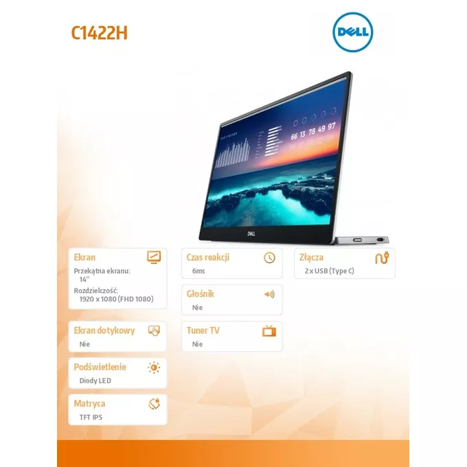 Dell Monitor C1422H 14 cali LED IPS 16:9/1920x1080/USB-C/3Y